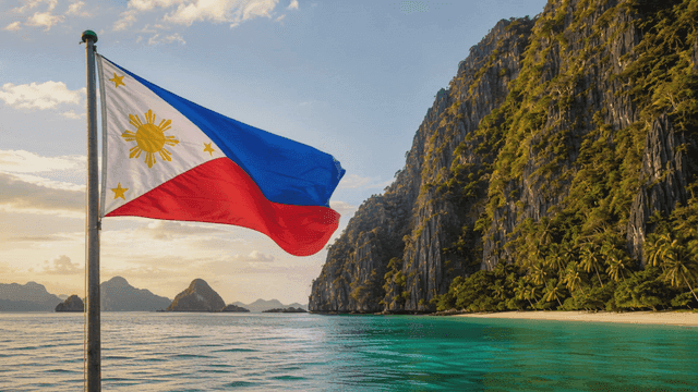 Philippine flag waving by a scenic beach