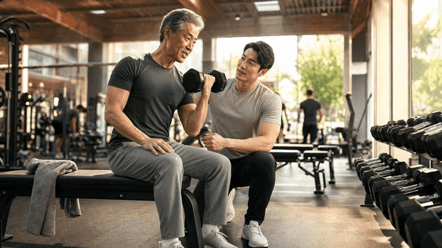 Elderly person lifting dumbbells with trainer