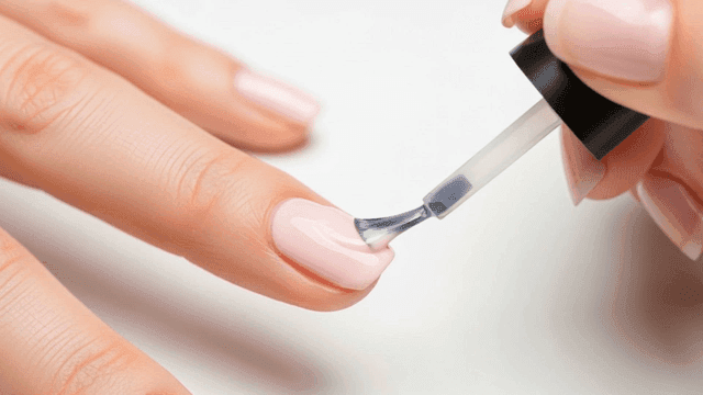 Hands applying pink nail polish