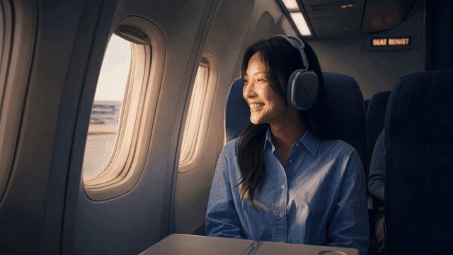 Woman wearing headphones and smiling while looking out airplane window
