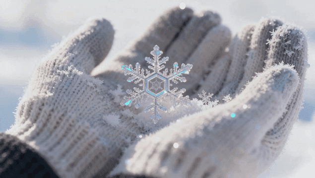 Large snowflake resting on gloved hand