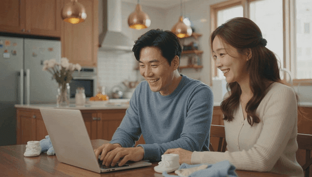 집에서 함께 노트북을 보는 커플