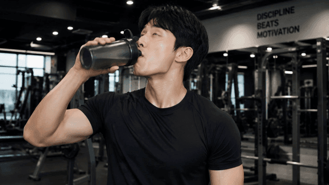 Man drinking from a shaker in a gym