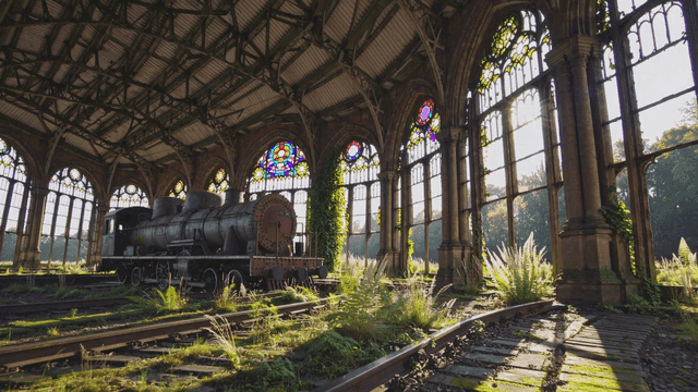 식물이 자란 버려진 기차역