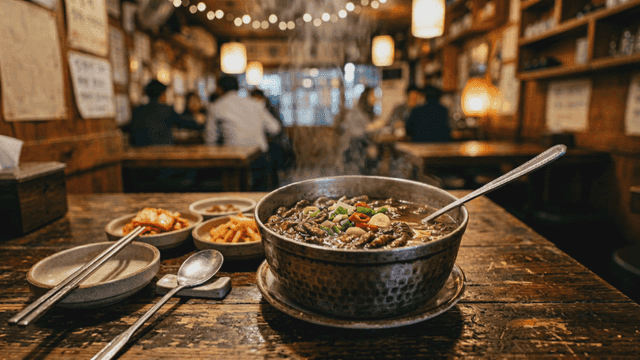 Steaming silkworm pupa soup at cozy restaurant