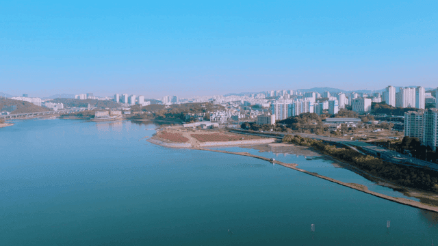 A river flowing through a modern city