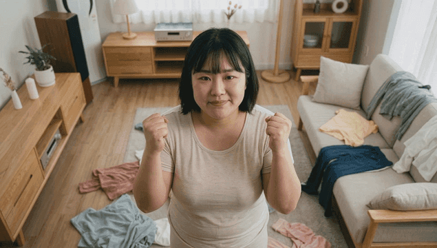 Fat woman makes up her mind in messy room