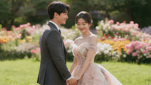 야외 정원에서 손을 잡고 있는 신랑 신부