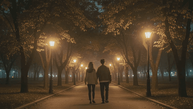 Back view of a couple walking in a park at night