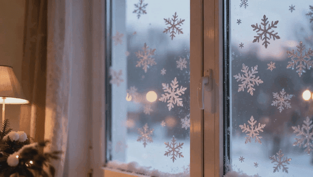 겨울 창문에 붙은 눈송이