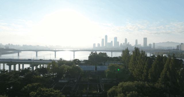 City skyline with rivers and bridges