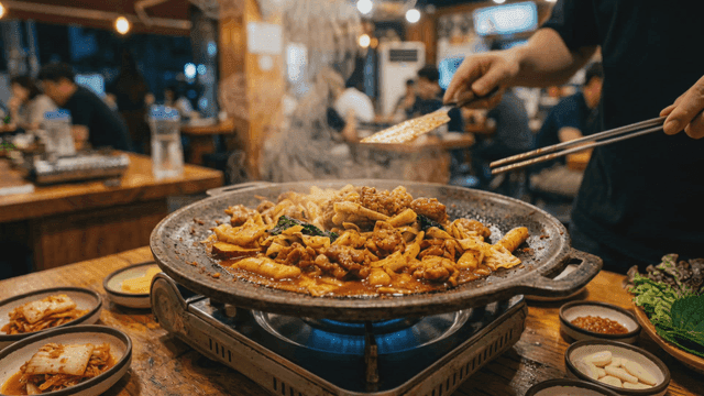Stir-fried Dakgalbi being cooked on hot plate