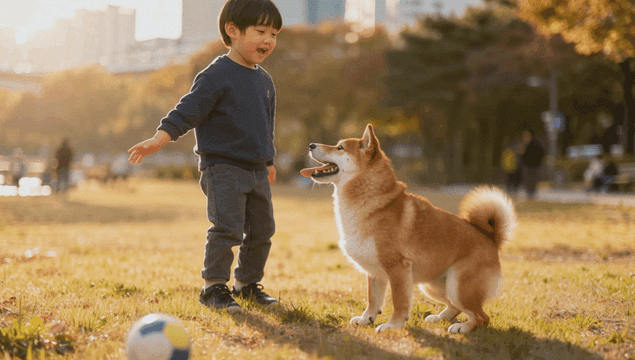 Child playing with a dog in a park