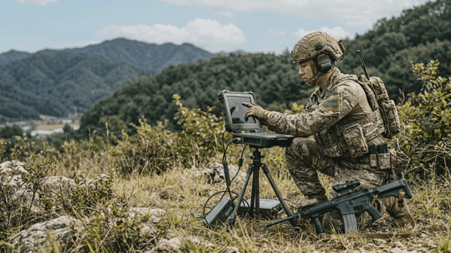 Soldier operating communication equipment in field