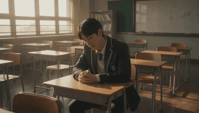 방과후 조용한 교실에 있는 남학생