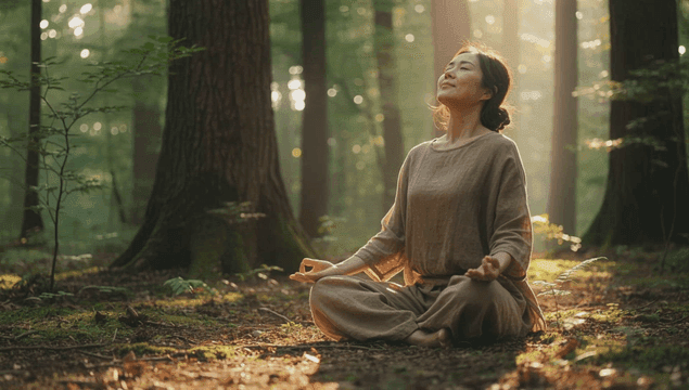 햇살 드는 고요한 숲에서 명상하는 여성