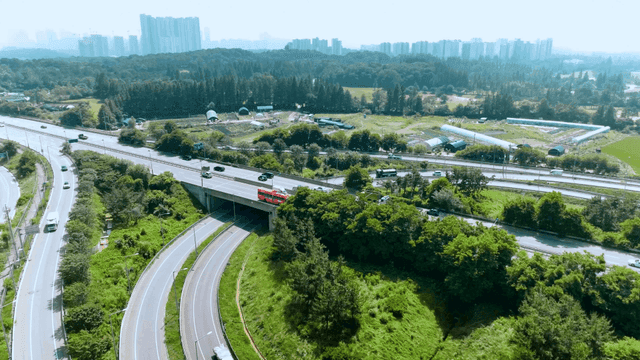 Highway and cityscape with greenery