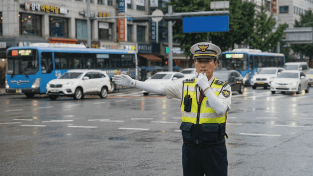 Police officer directing traffic in city.