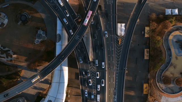 Aerial view of a busy urban intersection