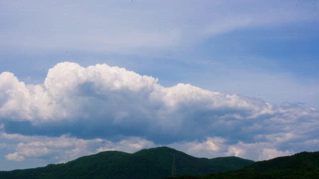 Blue sky with clouds over green hills