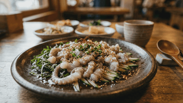 Live octopus sashimi on table