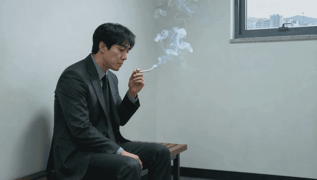 실내 흡연실 벤치에 앉아 담배를 피우는 회사원