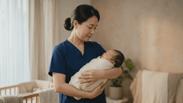 Postpartum care worker at postpartum care center gently holding sleeping baby.