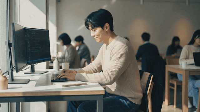 Man coding on computer at cafe