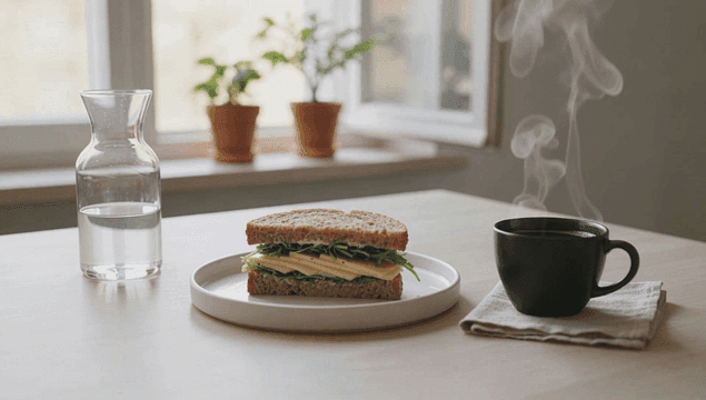 테이블 위의 샌드위치와 커피