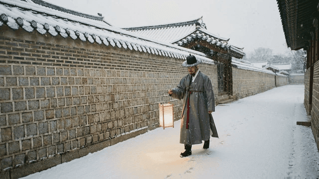 Winter scene of figure in Hanbok walking along tranquil snow-covered wall of Joseon Dynasty palace holding traditional square lantern.