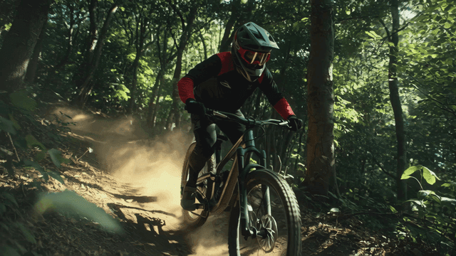 Mountain biker racing through a forest trail