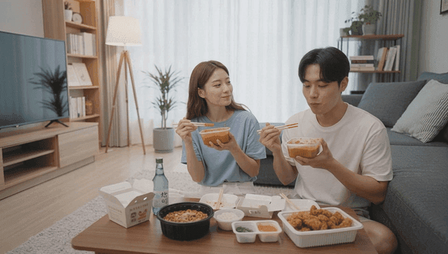 Couple eating delivery food at home
