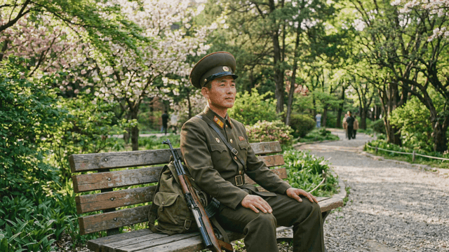 North Korean soldiers resting on park bench