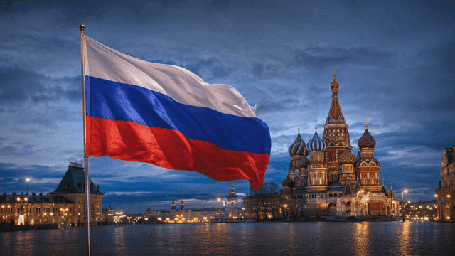Russian flag waving near iconic cathedral