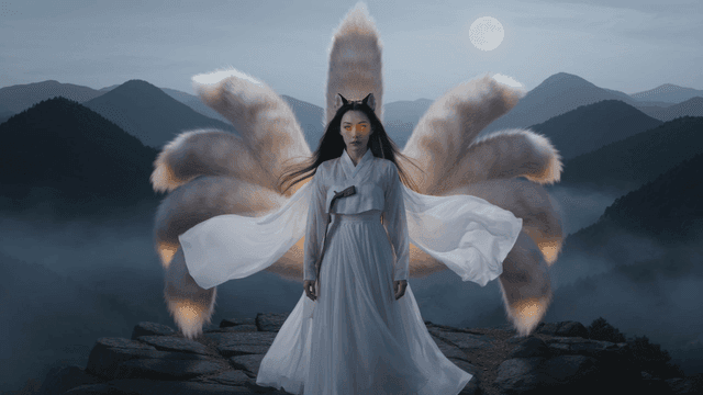 Nine-tailed fox on mountaintop under moonlight