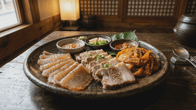 Samhap with kimchi, skate, and bossam