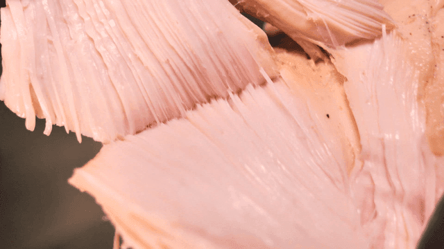 Close-up of cooked chicken being pulled apart