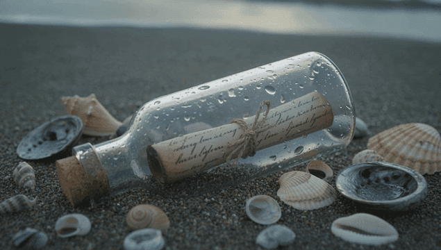 모래 해변에 놓인 병 속의 편지지