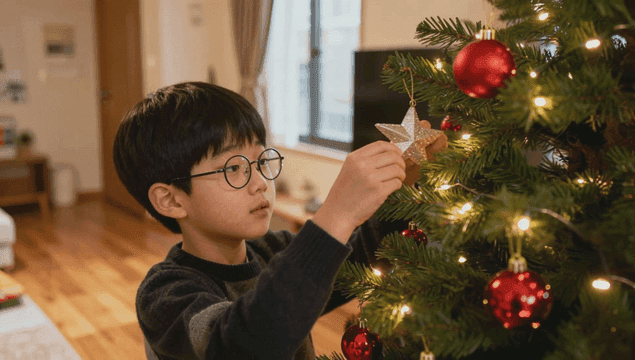 집에서 크리스마스 트리를 장식하는 아이