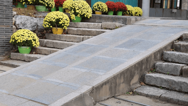 Ramp and stairs with flower pots.