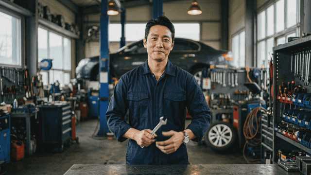 Mechanic at car repair shop with tools and cars