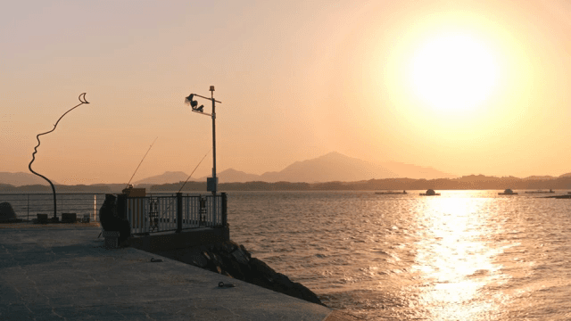 Person fishing at sunset by the sea