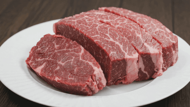 Fresh marbled beef on a white plate