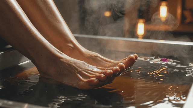 Relaxing foot bath with steam rising