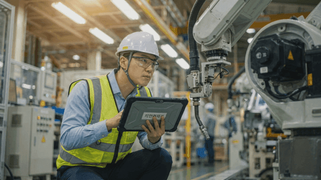 Engineer inspecting a robotic arm in a factory
