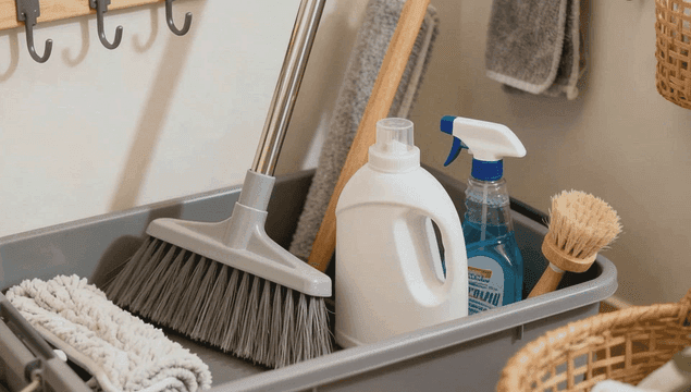바구니에 정리된 청소 용품