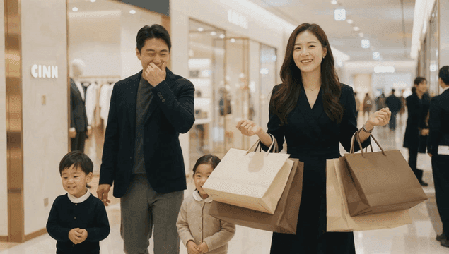 Family shopping in a mall with smiles