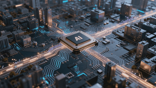 AI chip on a circuit board with glowing lines