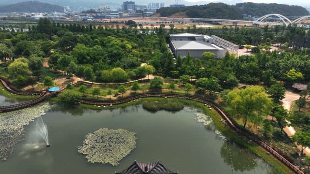 연못이 있는 푸른 공원의 항공 뷰