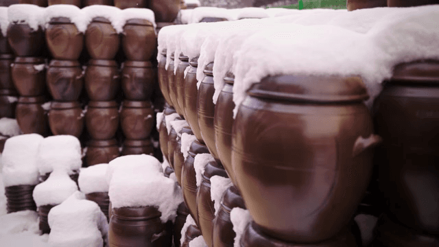 Snow-covered traditional Korean jars
